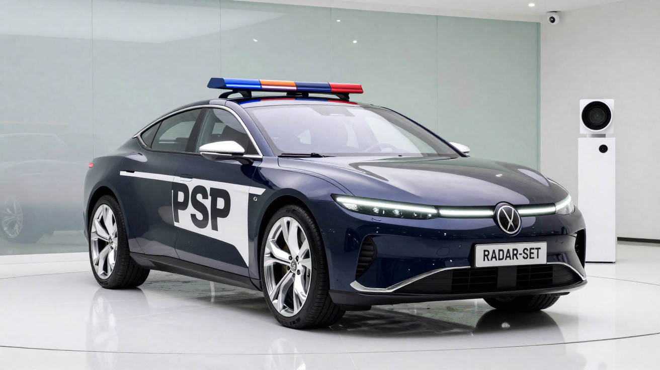 Carro policial elétrico azul escuro com luzes de sirene no teto e placa escrita RADAR-SET em ambiente moderno.