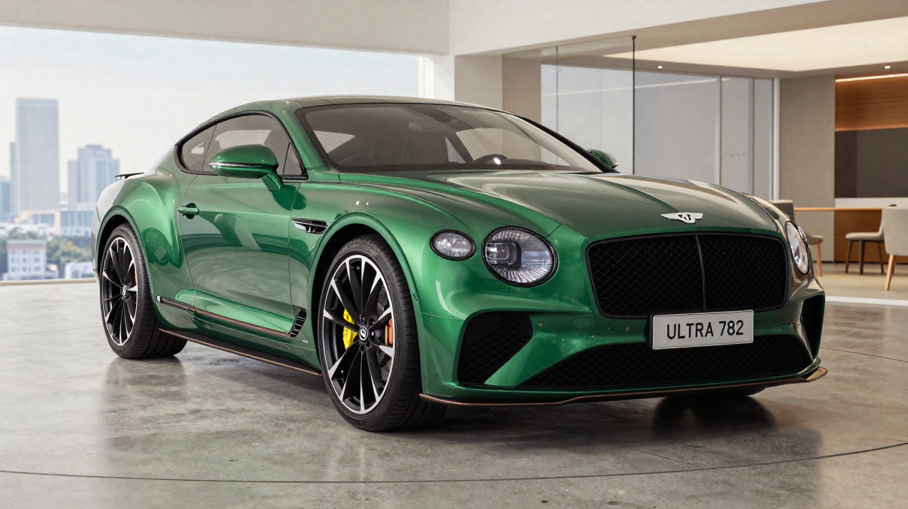 Carro esportivo verde Bentley estacionado em ambiente interno moderno com janelas amplas.