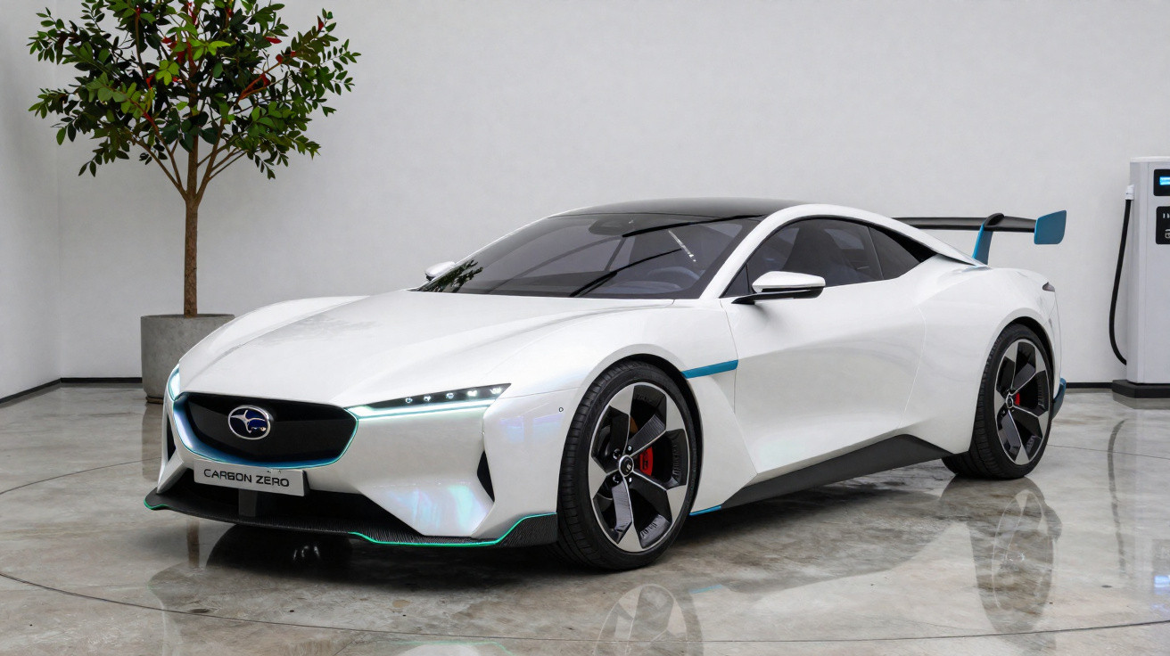 Carro esportivo elétrico branco Subaru Carbon Zero estacionado em ambiente interno com árvore e carregador ao fundo.