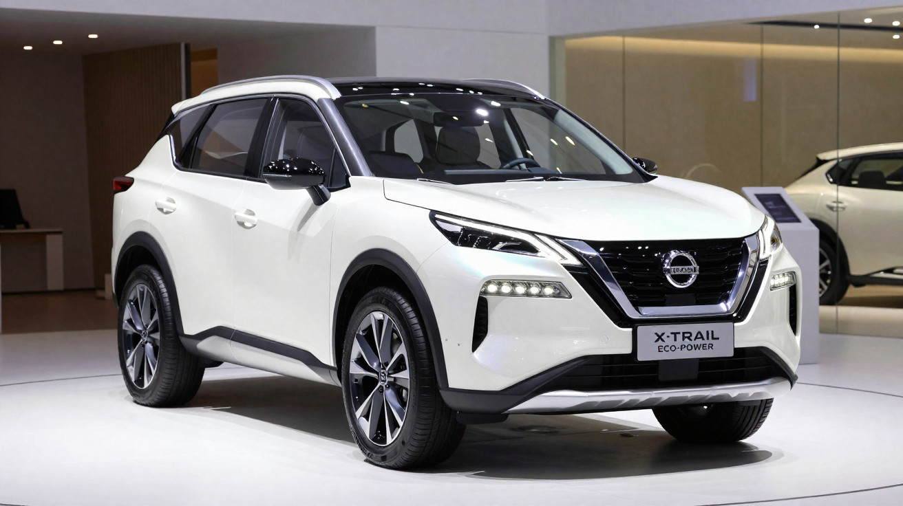 Carro SUV branco Nissan X-Trail Eco-Power exibido em ambiente interno iluminado.