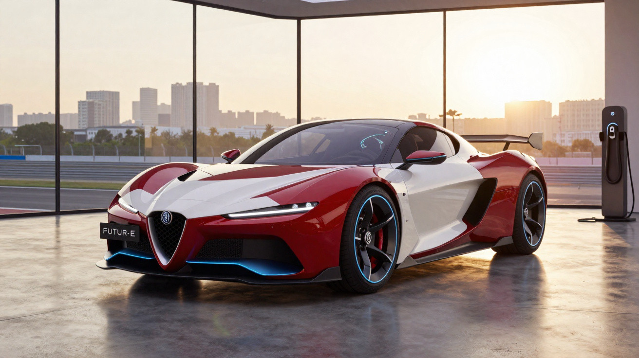 Carro esportivo elétrico Alfa Romeo Futur-e vermelho e branco em garagem moderna com vista urbana ao pôr do sol.