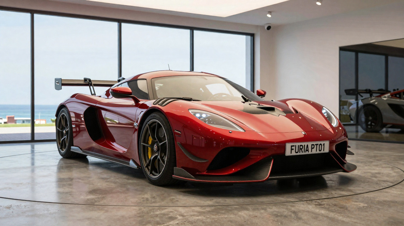 Carro esportivo vermelho com aerofólio em exposição em ambiente interno moderno e iluminado.