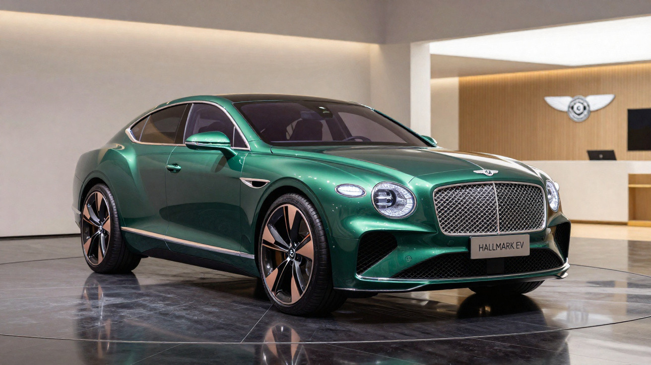 Carro elétrico Bentley Hallmark EV verde em exibição dentro de showroom moderno.