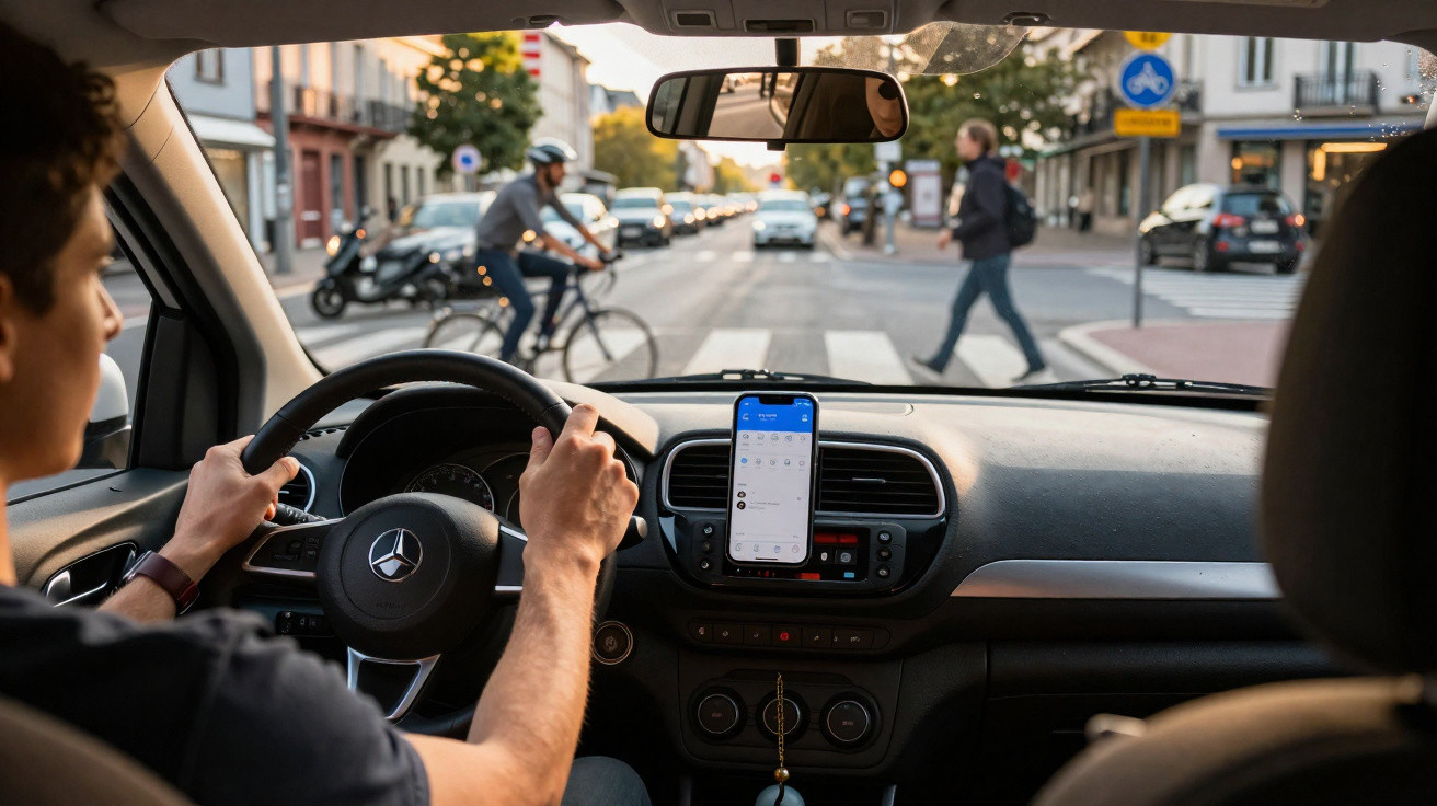 Motorista dirige carro em rua urbana com pedestres e ciclista atravessando na faixa de segurança.