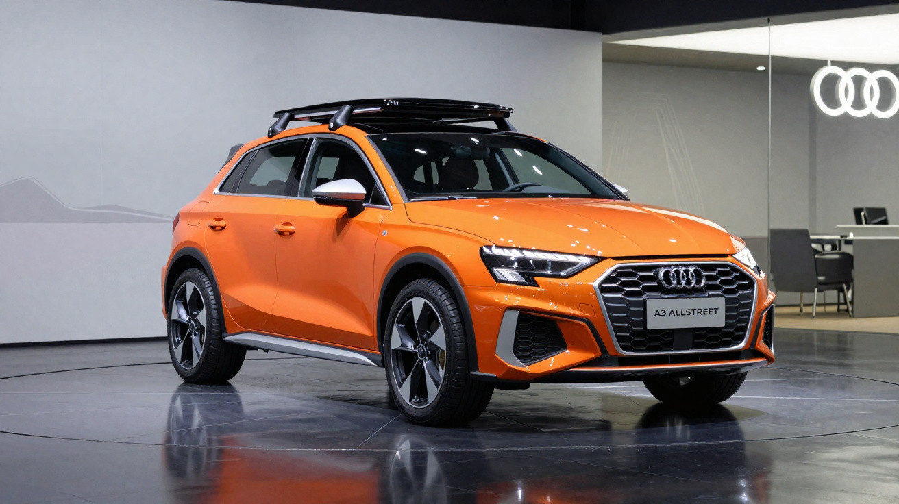 Audi A3 Allstreet laranja com rack de teto em exposição em salão automotivo moderno.