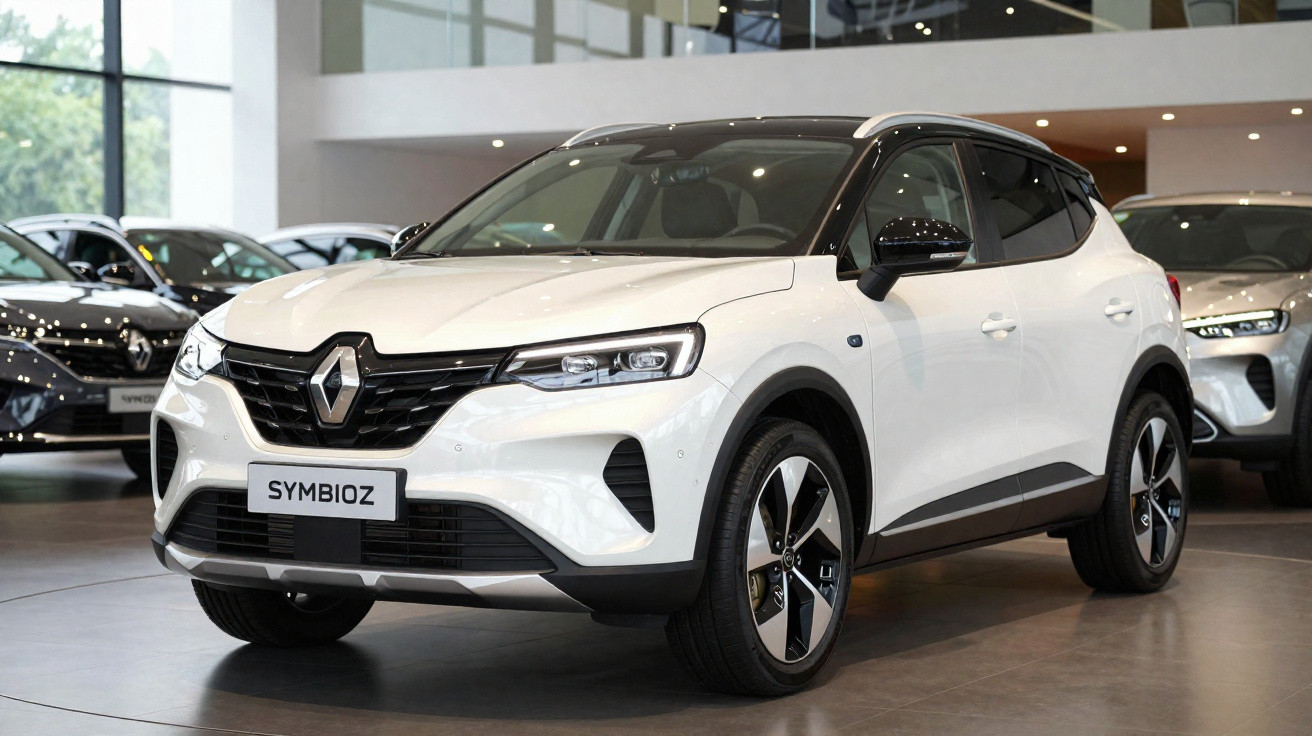 Carro SUV branco Renault Symbioz expositor em showroom moderno com iluminação natural.
