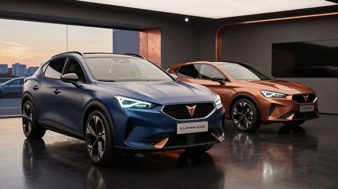 Dois carros Cupra Formentor 2025 em exposição, um azul e outro cobre, em ambiente moderno e iluminado.