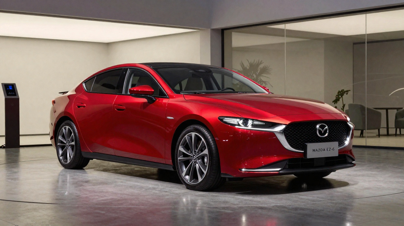 Carro sedã vermelho Mazda EZ-6 em ambiente interno moderno com piso de concreto polido.