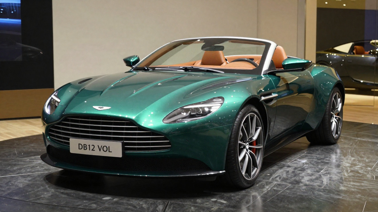 Carro esportivo conversível Aston Martin verde com interior marrom exposto em salão de automóveis.