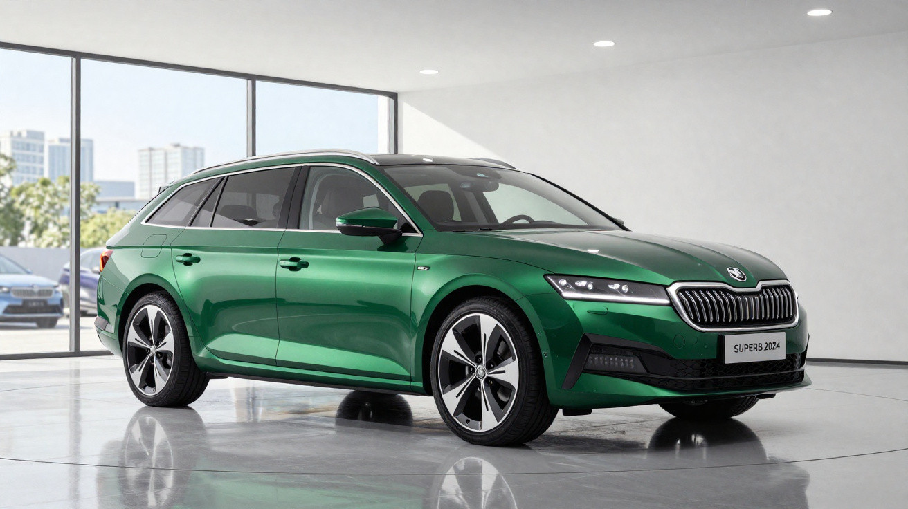 Carro verde Skoda Superb 2024 modelo perua em mostrador moderno com janelas grandes ao fundo.