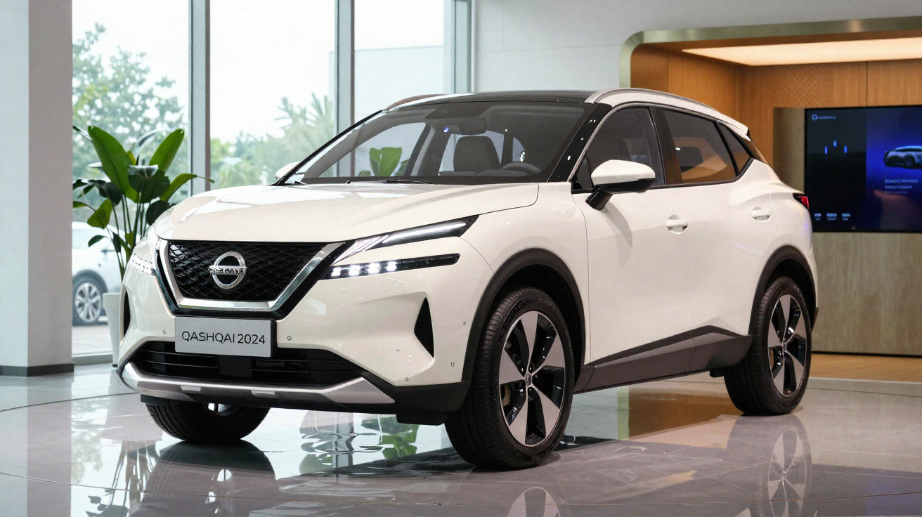 Carro SUV Nissan Qashqai 2024 branco exibido em showroom moderno com piso refletivo e paredes claras.