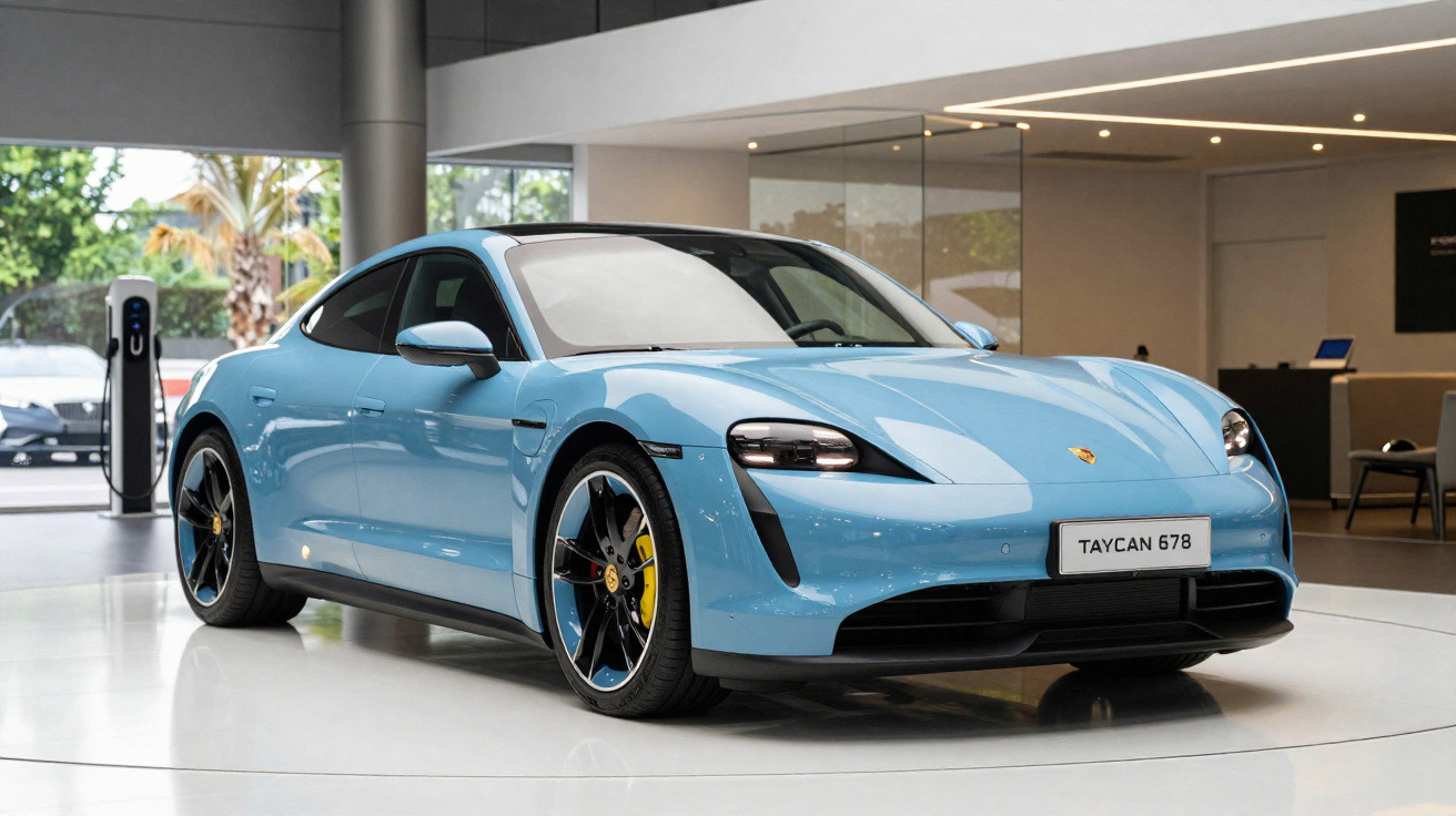 Carro esportivo elétrico Porsche Taycan azul claro em showroom moderno com carregador ao fundo.
