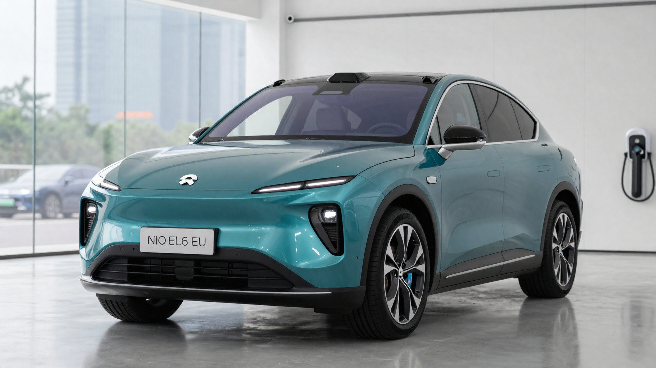 Carro elétrico azul modelo NIO EL6 EU estacionado em ambiente interno moderno com carregador na parede.