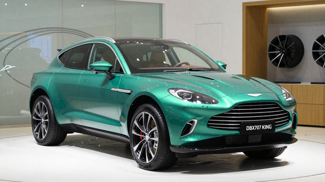 Carro esportivo verde Aston Martin DBX707 King em exposição em showroom moderno.