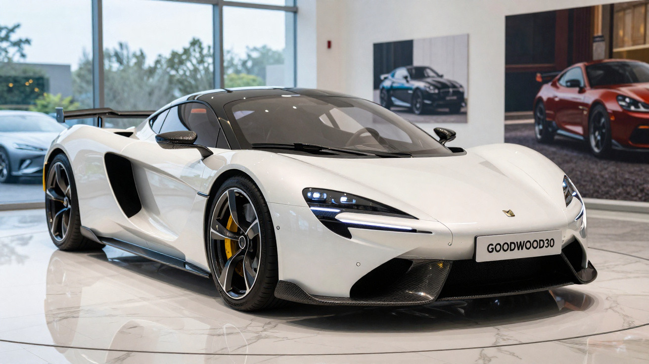 Carro esportivo branco com detalhes em preto exibido em showroom com piso branco brilhante.
