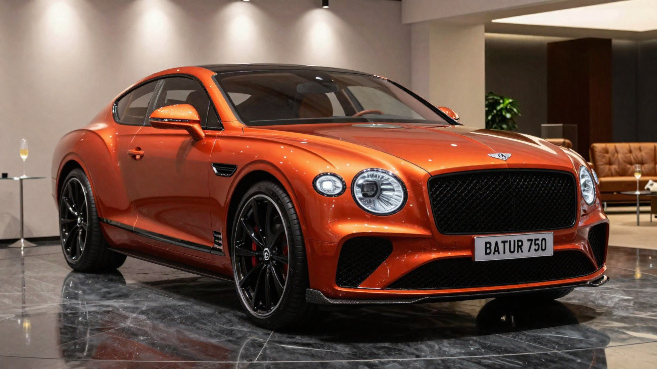 Carro esportivo laranja Bentley Batur 750 em ambiente interno sofisticado.