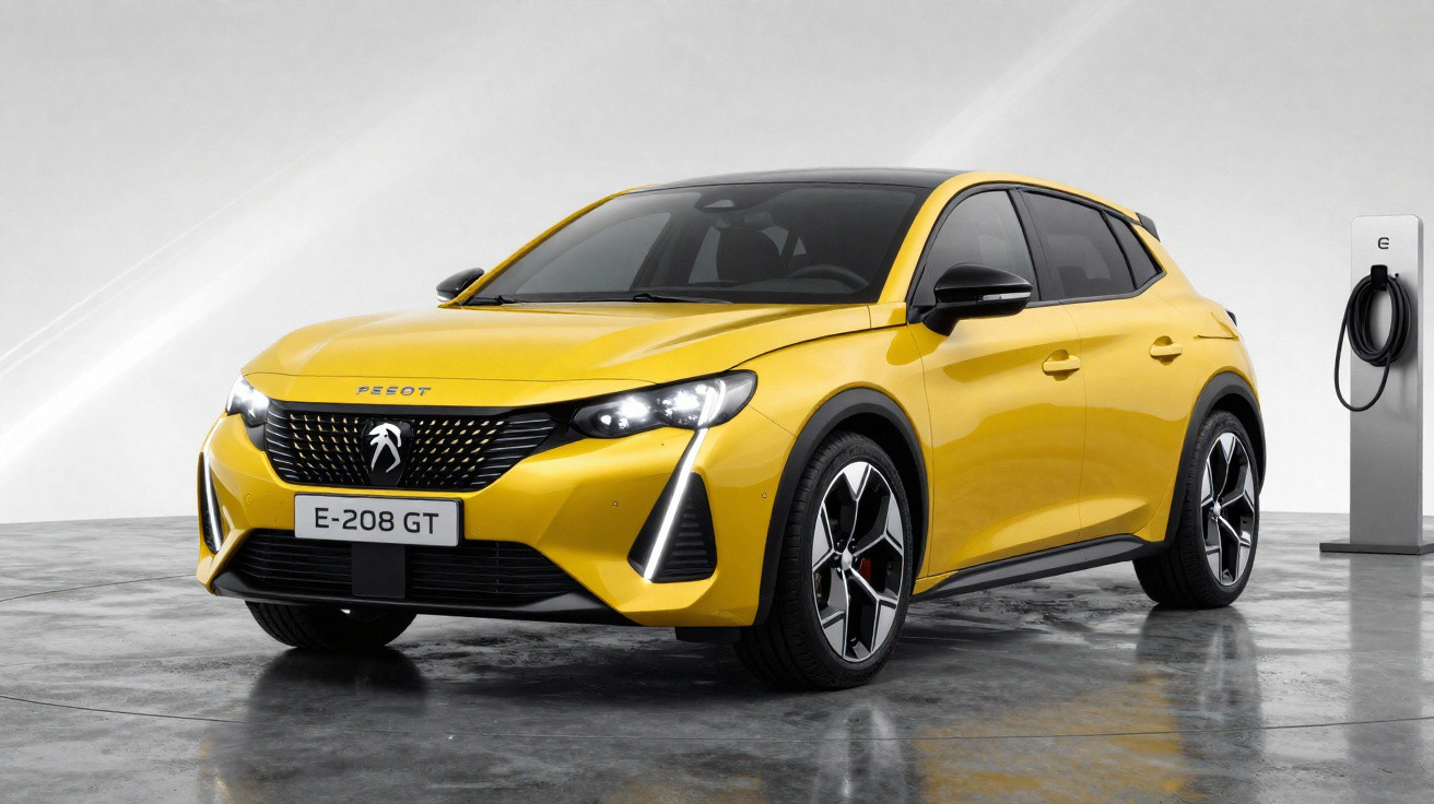 Carro elétrico amarelo Peugeot E-208 GT estacionado ao lado de uma estação de carregamento.