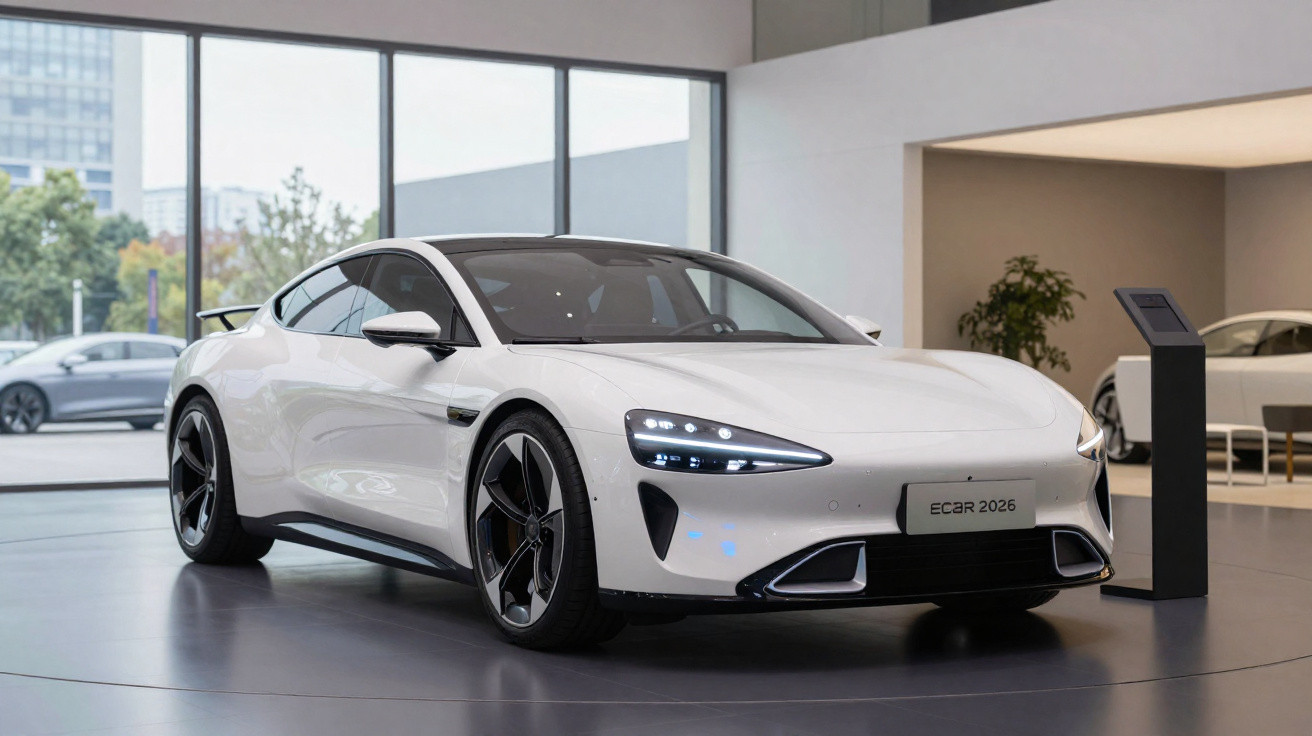 Carro esportivo branco elétrico elegante em exposição interna moderna com iluminação destacando detalhes futuristas.