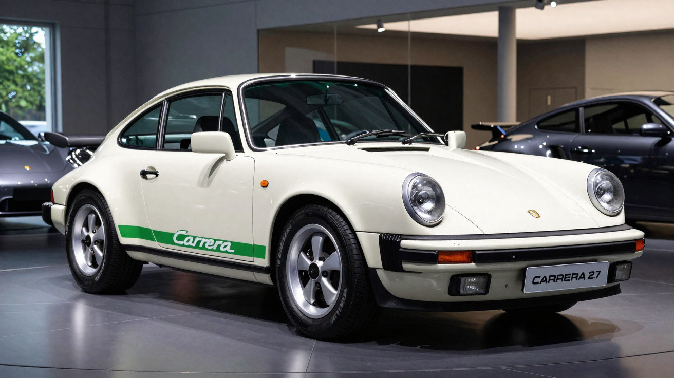 Carro esportivo Porsche 911 Carrera branco com faixa verde, em exposição interna.