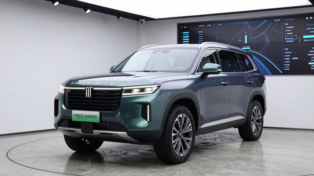 SUV verde escuro modelo Freelander estacionado em ambiente interno com luzes no teto e painel digital ao fundo.