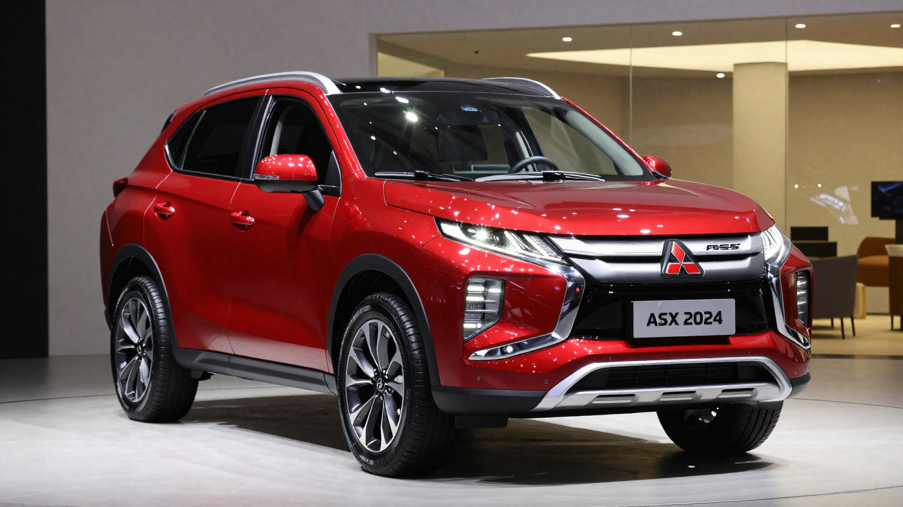 SUV vermelho Mitsubishi ASX 2024 em exposição interna, vista frontal lateral direita.