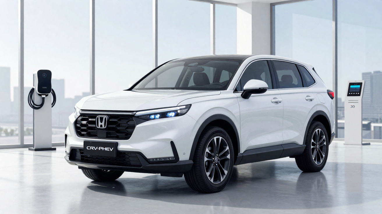Carro SUV branco Honda CRV-PHEV estacionado em ambiente moderno com pontos de recarga elétrica.
