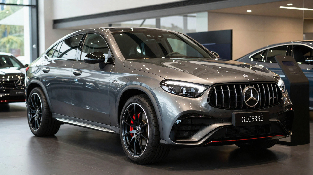 Carro Mercedes-Benz GLC 63 SE cinza em exposição interna de concessionária.