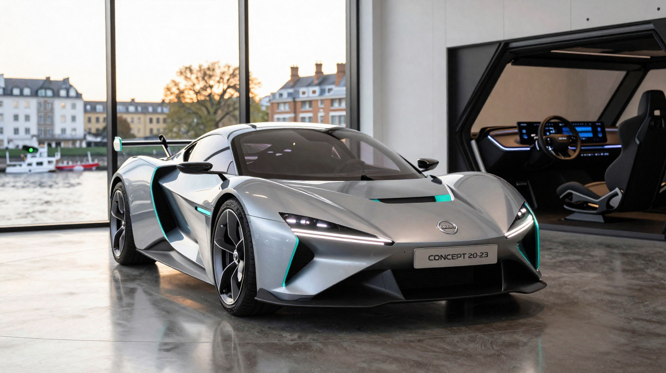 Carro esportivo conceito prata com detalhes em azul, exibido em salão com área externa visível ao fundo.
