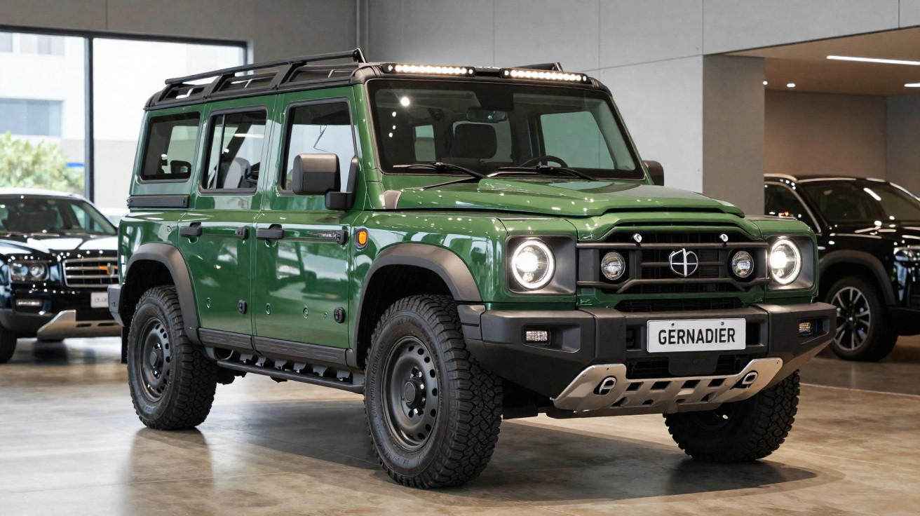 SUV verde militar elétrico Gërnadier estacionado em showroom moderno com outras SUVs ao fundo.