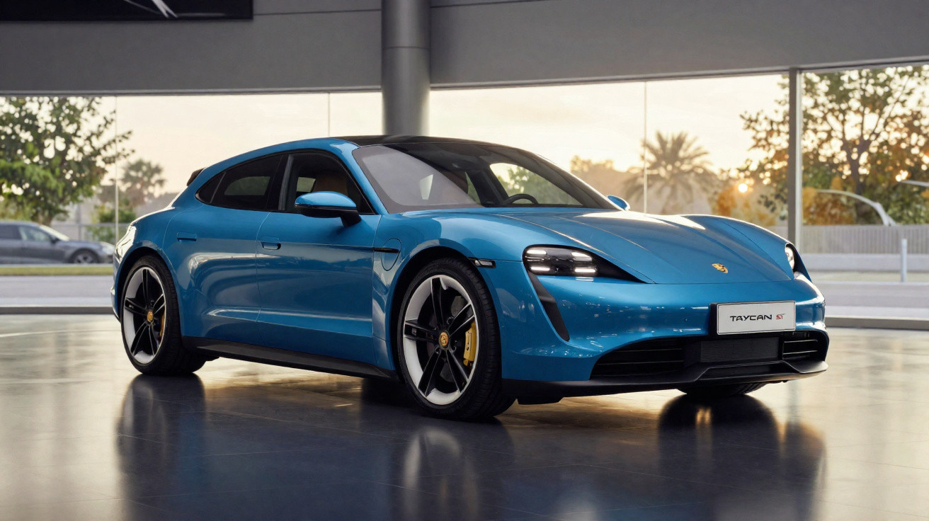 Carro elétrico esportivo azul Porsche Taycan GT em showroom com piso reflexivo e janelas ao fundo.