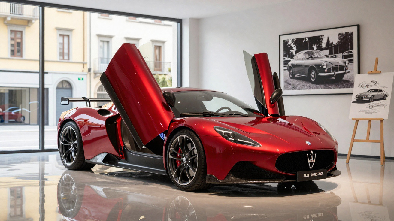 Carro esportivo vermelho com portas abertas para cima em showroom moderno e iluminação natural.