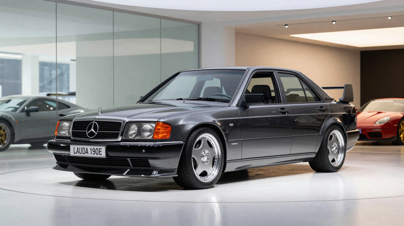 Carro sedã Mercedes-Benz preto estacionado em showroom moderno com piso branco brilhante.