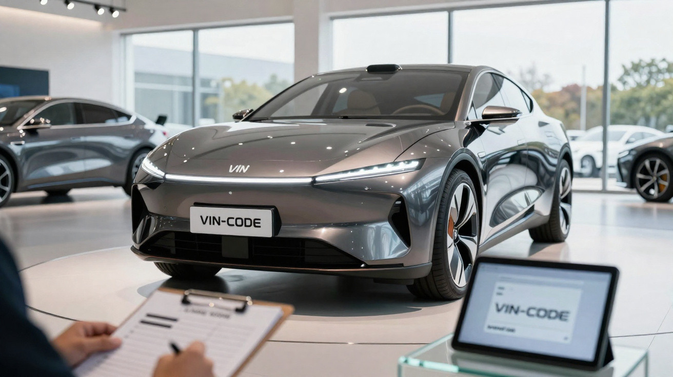 Carro cinza elétrico VIN exibido em showroom moderno, com pessoa preenchendo ficha e tablet ao lado.