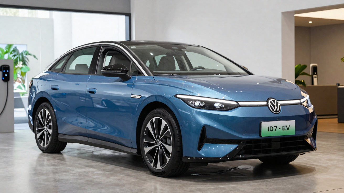 Carro elétrico Volkswagen ID.7 EV azul estacionado em ambiente interno com parede branca ao fundo.