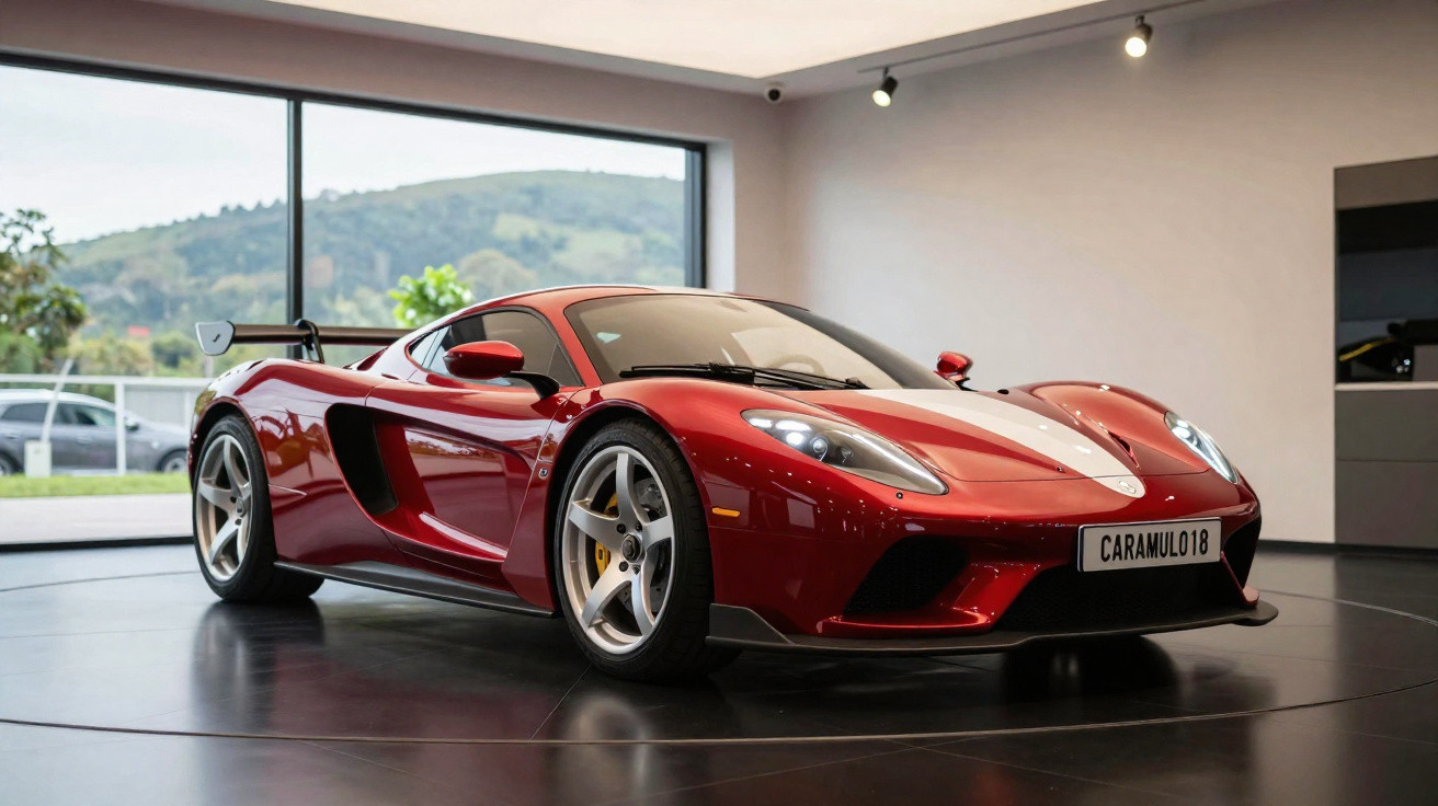 Carro esporte vermelho brilhante em exposição interna com janela grande mostrando paisagem verde ao fundo.