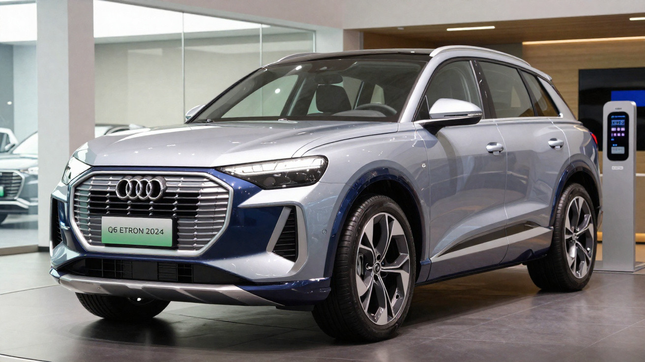 SUV elétrico Audi Q6 E-Tron 2024 cinza exibido em showroom moderno.