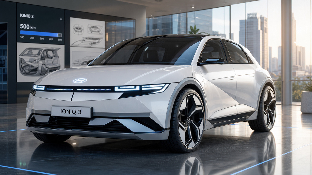 Carro elétrico Hyundai Ioniq 3 branco exibido em showroom moderno com janelas de vidro e vista urbana ao fundo.