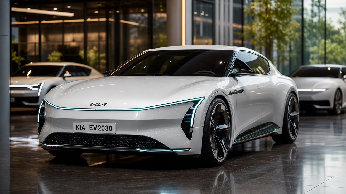 Carro elétrico branco Kia EV2030 em showroom moderno com luzes LED e fundo com outros veículos elétricos.