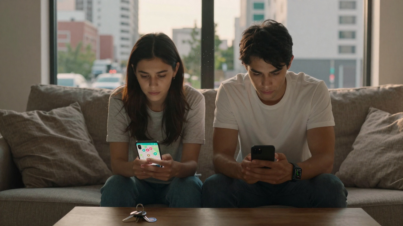Jovem homem e mulher sentados no sofá, concentrados em seus celulares em uma sala iluminada.