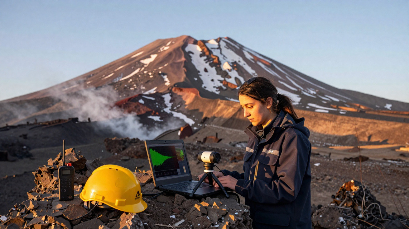 Mulher cientista usando laptop e equipamento de monitoramento perto de vulcão com neve ao fundo.