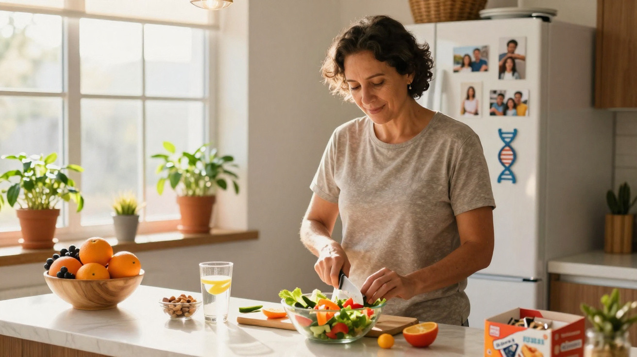 Mulher cortando legumes para salada em cozinha com frutas, plantas e fotos na geladeira.
