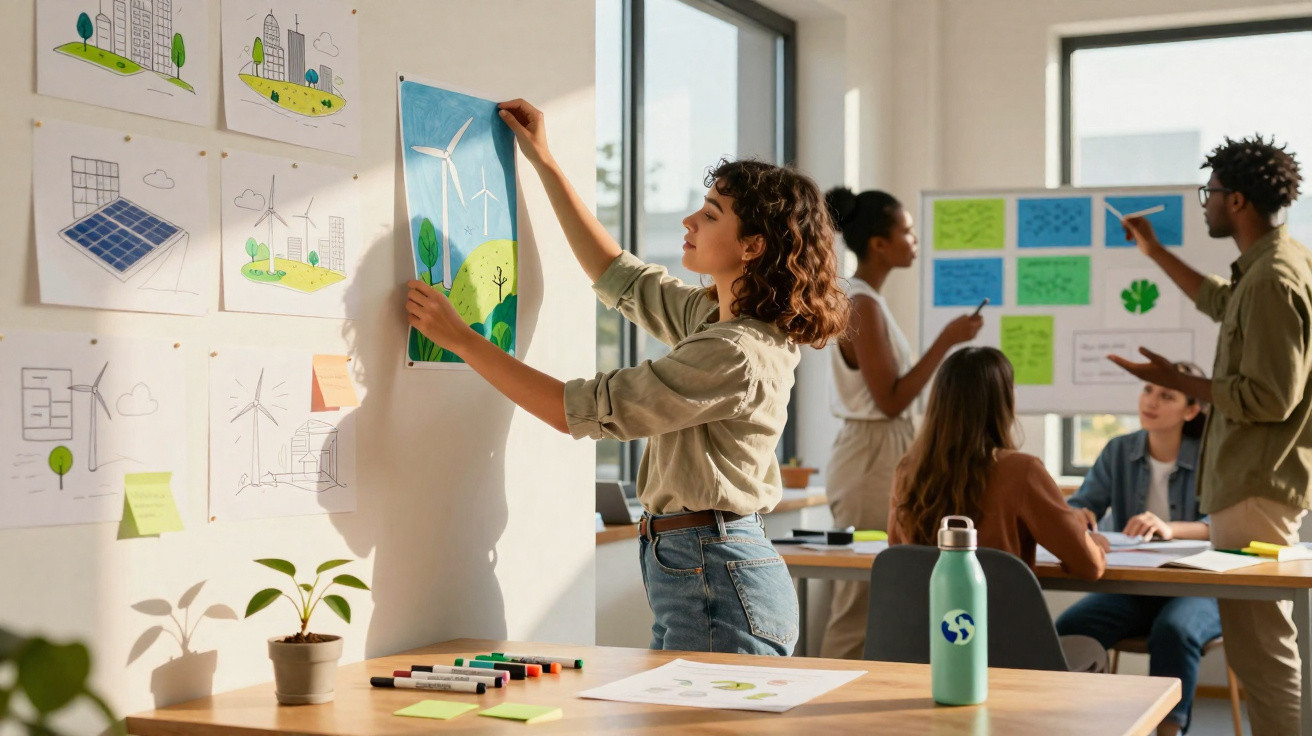 Jovens reunidos em sala discutindo projetos sustentáveis com desenhos de energia renovável na parede.