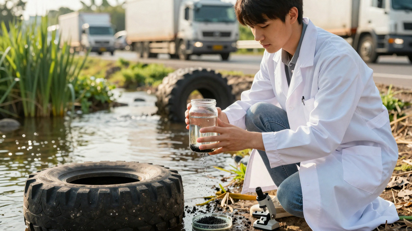 Cientista coleta amostra de água em poça perto de pneus velhos com caminhões passando ao fundo.