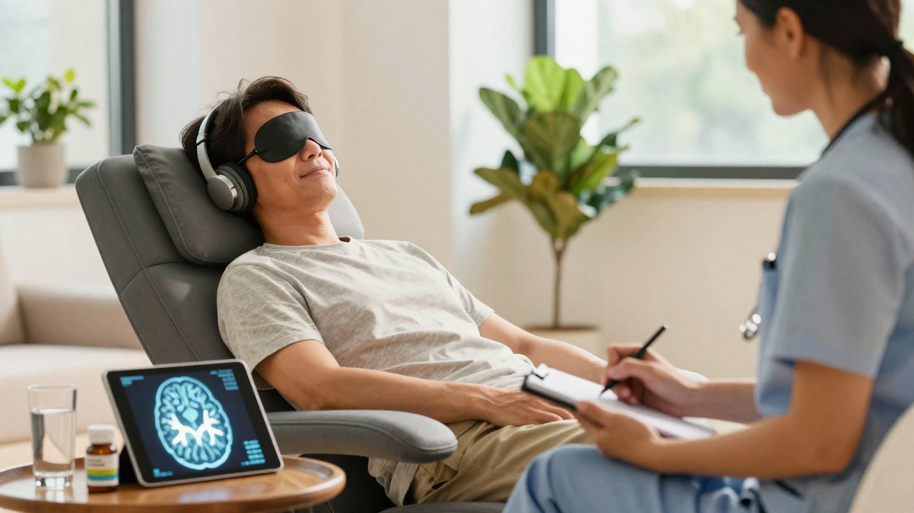Paciente relaxando com máscara de olhos e fones, enquanto profissional de saúde faz anotações em consultório.