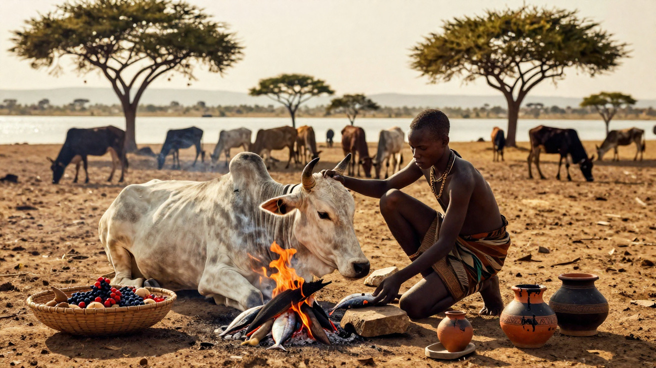 Menino africano preparando fogo próximo a vaca e cesta de frutas em ambiente rural com árvores e gado ao fundo.
