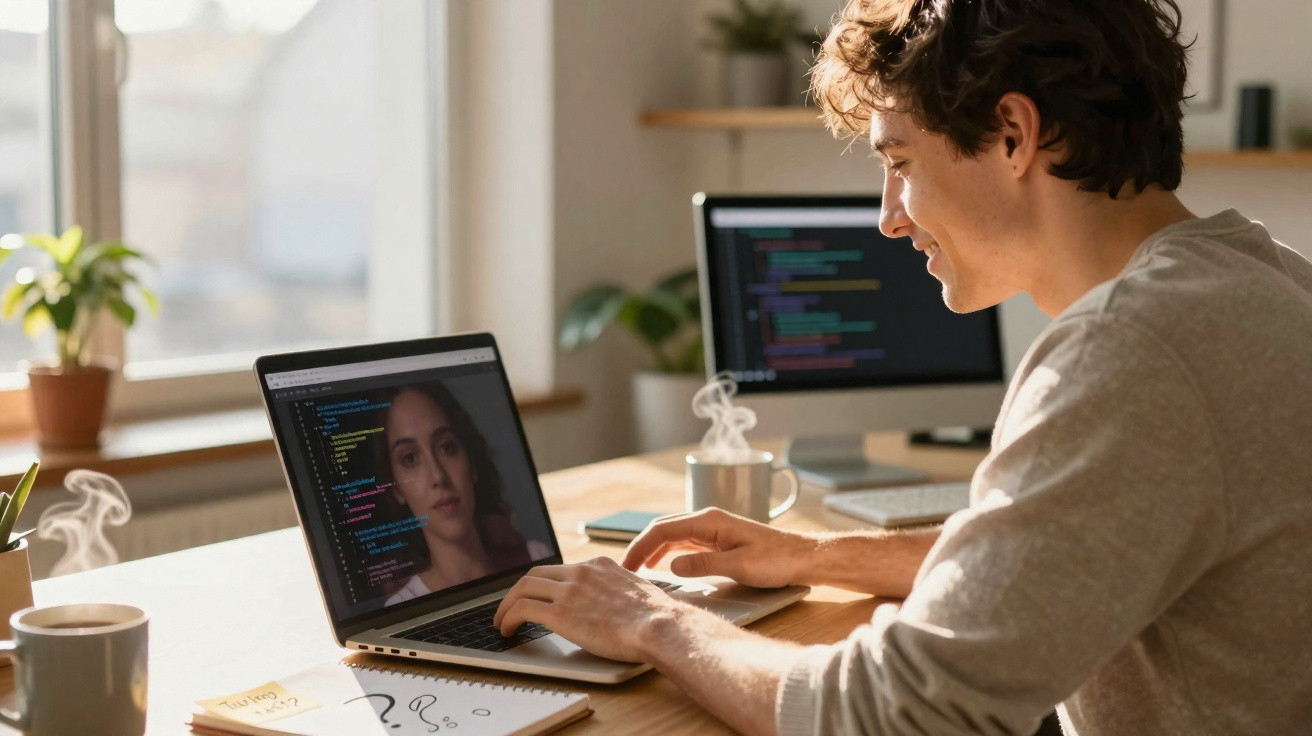 Jovem programador olhando para laptop com código e chamada de vídeo, em ambiente iluminado por luz natural.