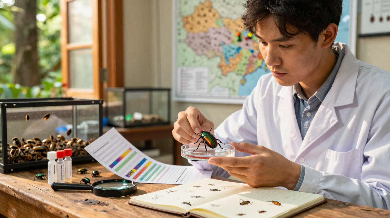 Cientista em jaleco branco examinando besouro colorido em laboratório de entomologia.