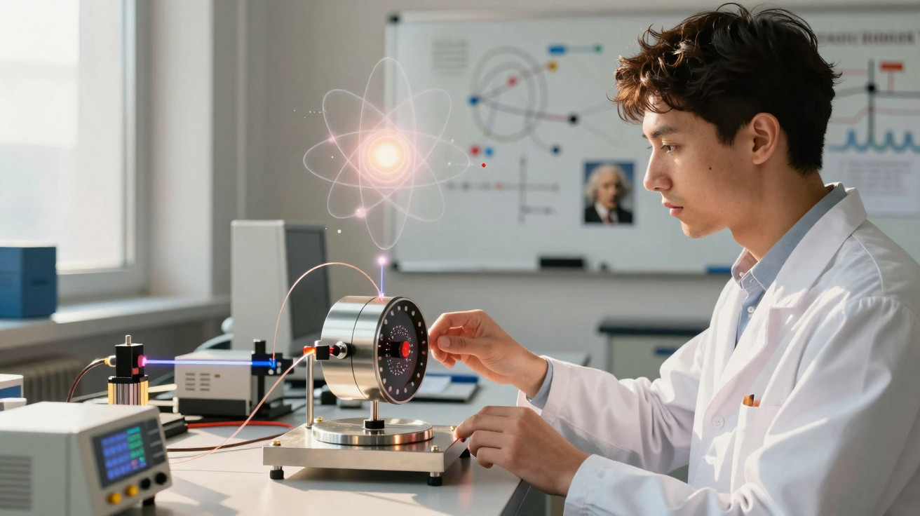 Jovem cientista em laboratório ajusta equipamento de física com ilustração de atomo ao fundo.
