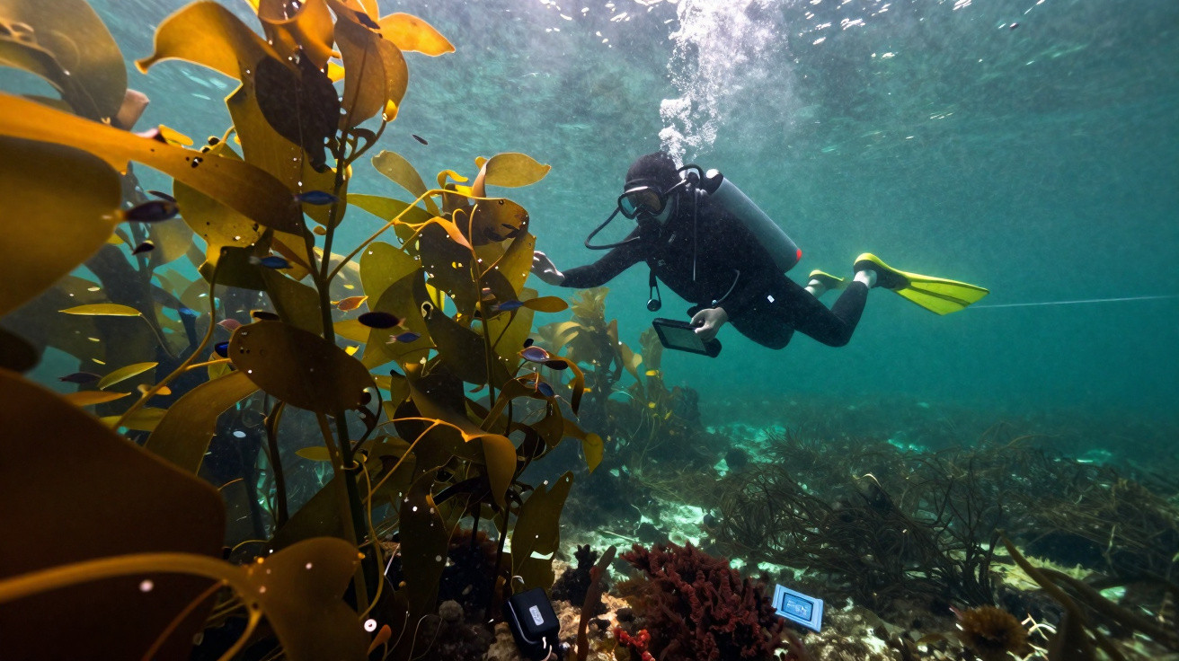 Mergulhador em traje completo com nadadeiras amarelas explorando plantas marinhas subaquáticas.