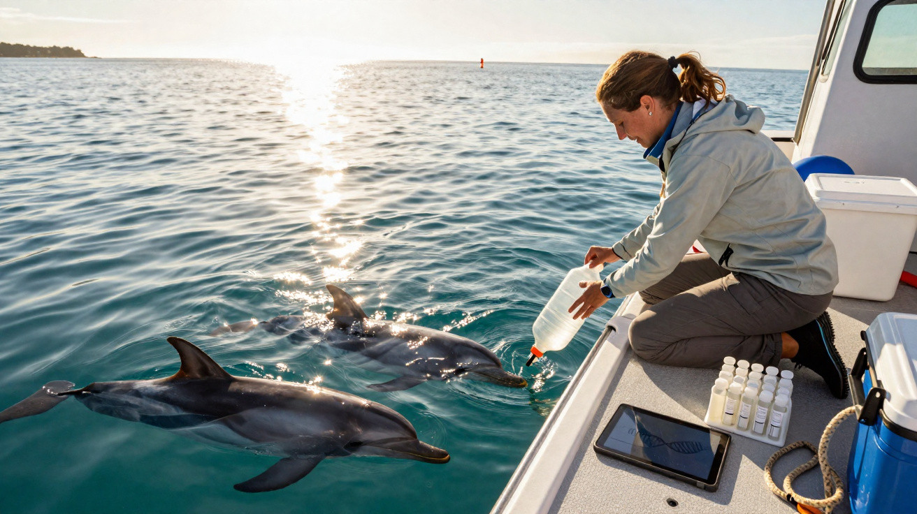 Mulher alimentando dois golfinhos próximos a um barco em mar calmo ao pôr do sol.